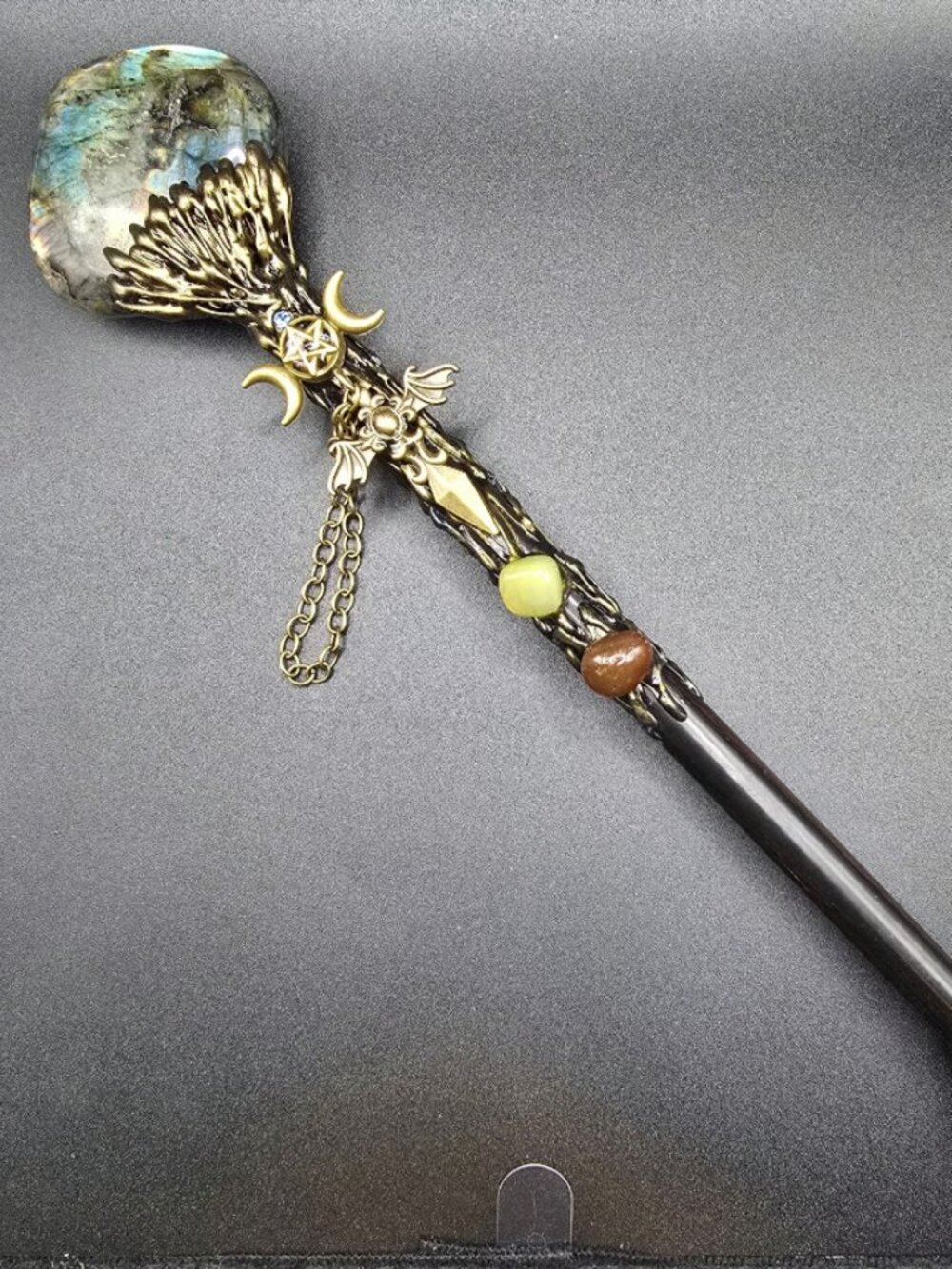 Labradorite Heart Obsidian Crystal Wand Triple Moon Bat 12"